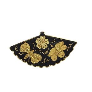Vintage Inlay Damascene Toledo Gold Spain Flowers Butterfly Fan Shape Brooch Pin
